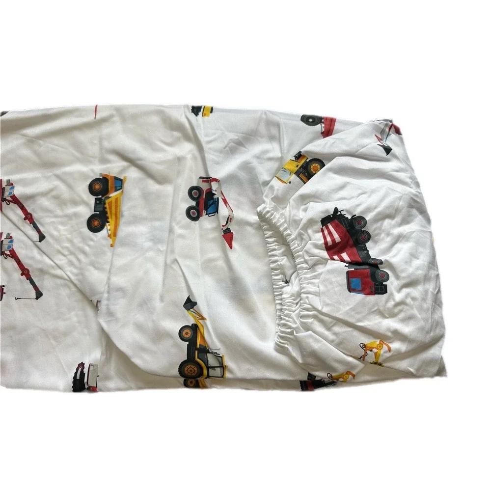 Construction Truck Fitted Crib Sheet White Toddler Bedding Excavator Crane Print